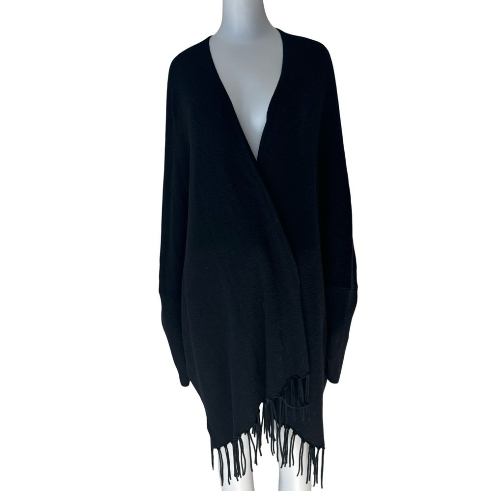 ELLA MOSS Open Front Fringe Long Cardigan Black Wool Cashmere Blend Style EE5999 - Picture 5 of 13